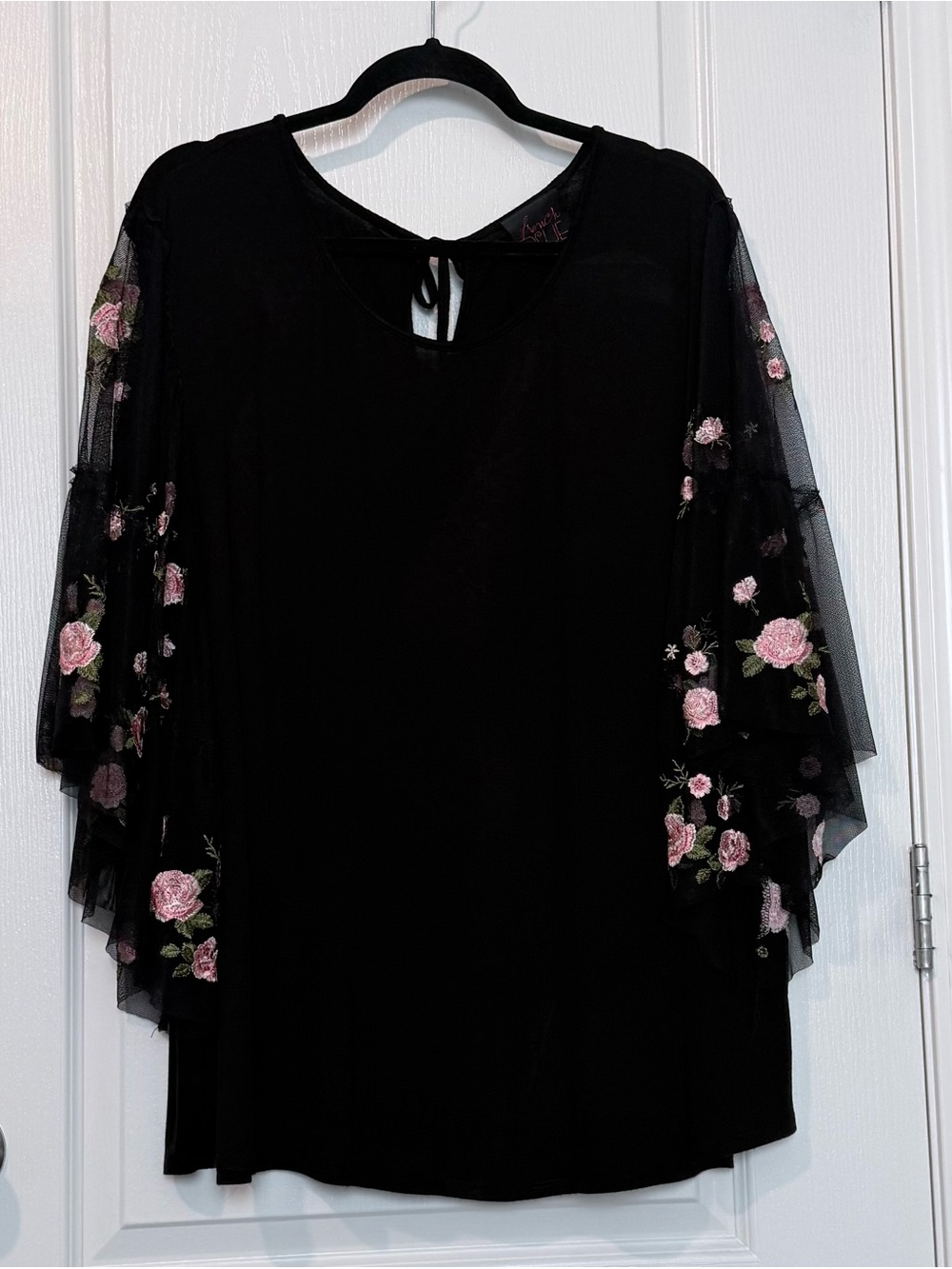 French Blue 2X Black Floral Embrodeired Bell Sleeve Tunic Top